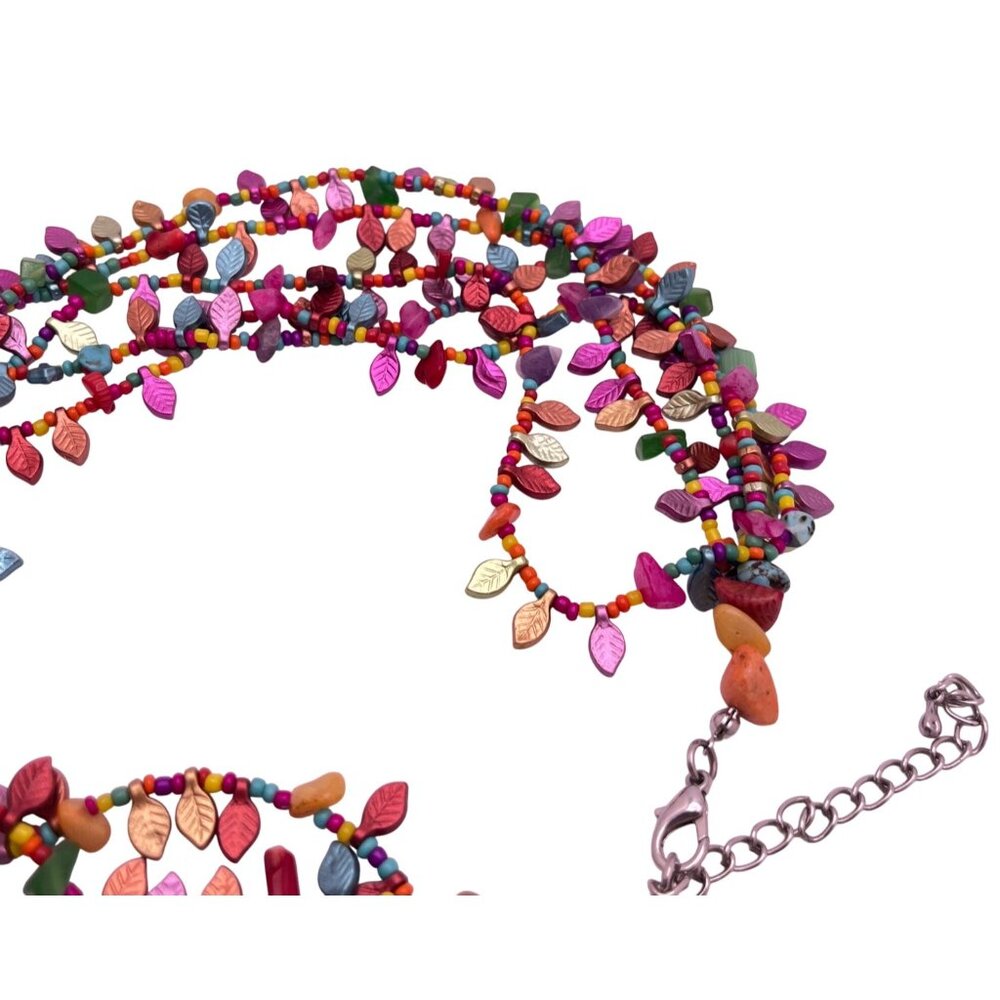 Boho Multi Strand Leaf Beaded Statement Necklace Retro 90s Vibrant Colorful - Picture 7 of 8